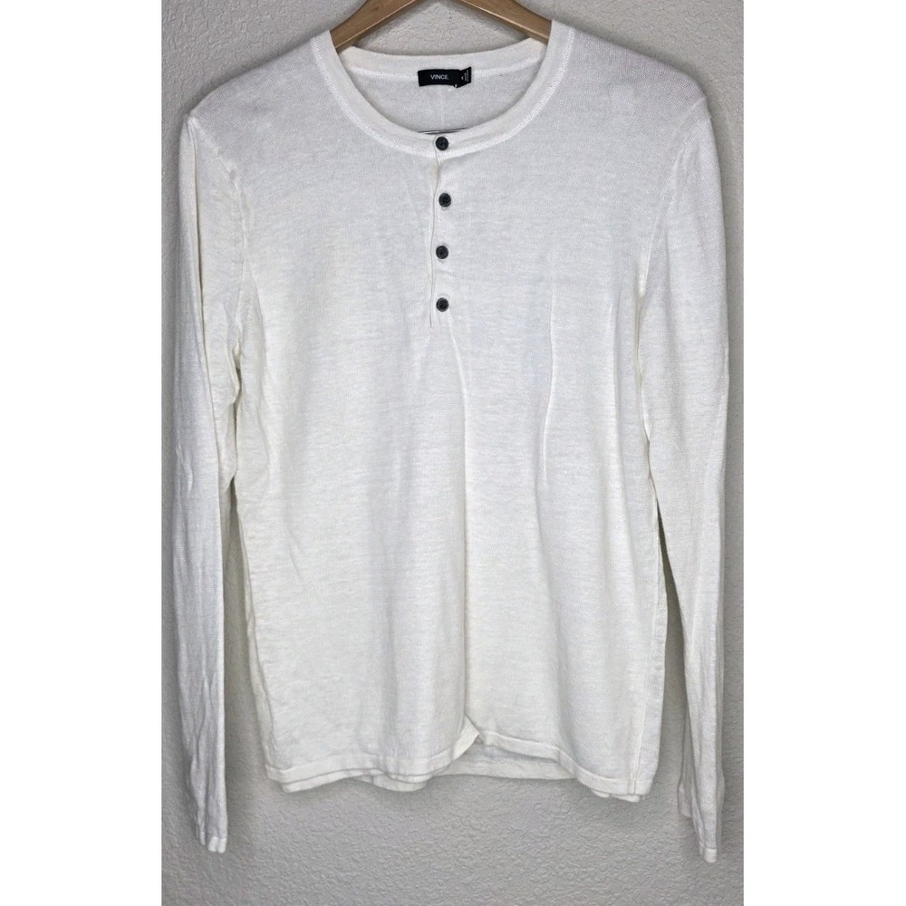 Vince Linen Double Layer Henley Sweater Cream Lightweight Men M Casual Coastal